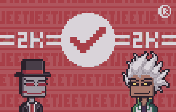 A pixel art promotional image featuring two stylized characters (one in a top hat and the other with spiky white hair) flanking a central white smiley face logo, set against a red background with the repeated "JEET" text watermark and a registered ® symbol in the corner, advertising a giveaway for 10 GTD spots on the Jeeter NFT collection.
