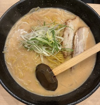 iced ramen with light brown broth, white noodles, and green onions on a black plate.