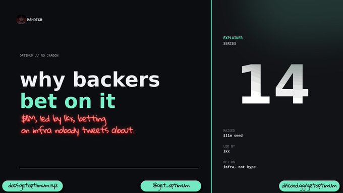 The image is a title slide from an explainer series (#14) by @get.optimum about Optimum, highlighting its $11M seed round led by 1kx and framed as "infra, not hype"—aligning with the post's focus on why backers bet on the protocol.
