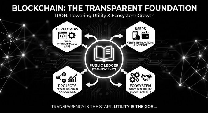 An infographic titled 'BLOCKCHAIN: THE TRANSPARENCY FOUNDATION' about 'TRON: Powering Utility & Ecosystem Growth', showing a public ledger connected to Developers, Users, Projects, and Ecosystem with the tagline 'TRANSPARENCY IS THE START. UTILITY IS THE GOAL.'
