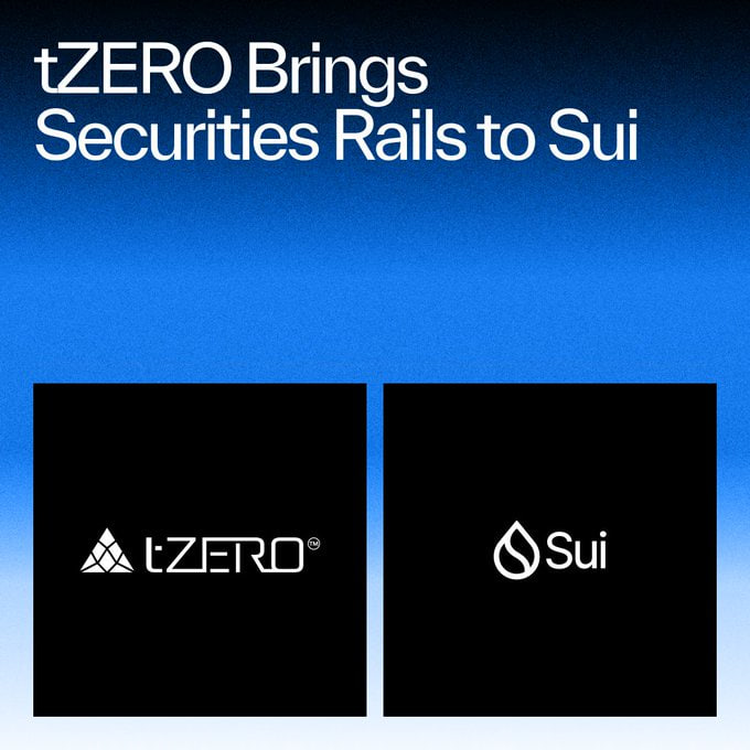 A promotional graphic with a blue background stating 'tZERO Brings Securities Rails to Sui' and displaying the tZERO and Sui logos in black squares.