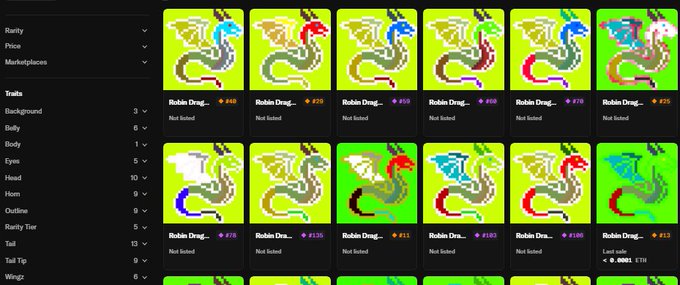 A screenshot of a pixel-art NFT marketplace showing various 'Robin Drag...' collectible characters for sale, with filtering options on the left for Rarity, Price, and traits like Background, Body, Eyes, Head, Horn, and Outline.