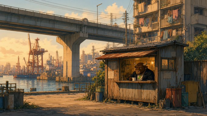 An anime-style illustration of a bull character sitting at a small food stand by the water, with an industrial harbor, cranes, and an overpass in the background at sunset.
