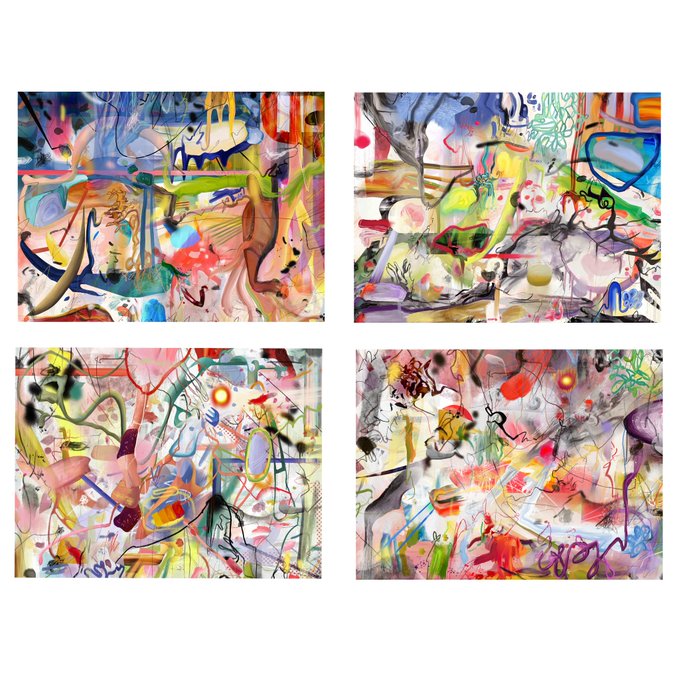 A 2x2 grid of four colorful abstract artworks featuring swirling patterns, vibrant splashes of color, and fluid shapes.