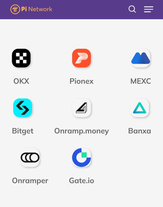 A screenshot of the Pi Network app displaying cryptocurrency exchange options including OKX, Pionex, MEXC, Bitget, Onramp.money, Banxa, Onramper, and Gate.io.