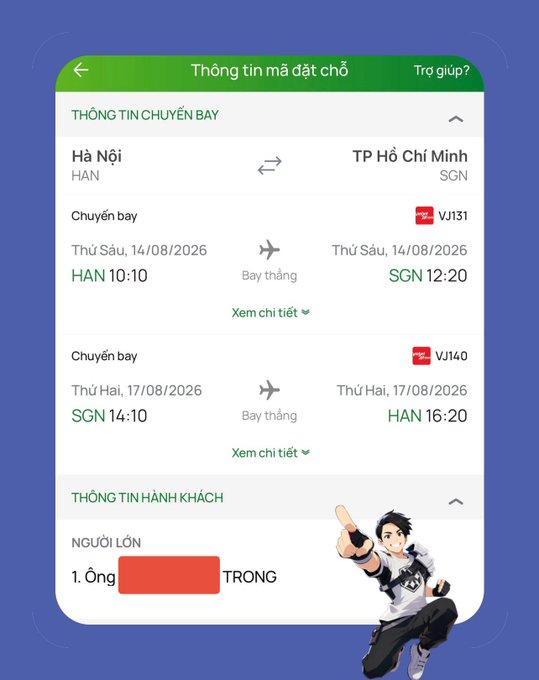 A Vietnamese flight booking screen titled 'Thông tin mã đặt chỗ' shows round-trip flights between Hanoi (HAN) and Ho Chi Minh City (SGN) on August 14-17, 2026.
