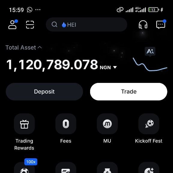 The image shows a crypto trading app screen displaying a total asset balance of 1,120,789.078 NGN, with options to Deposit or Trade and featuring categories like Trading Rewards, Fees, MU, and Kickoff Fest. The caption and post together appear to promote a patient, strategy-focused trading mindset, suggesting that small consistent profits—as implied by the $5–$10 mentioned—can compound into a substantial portfolio like the six-figure balance shown.