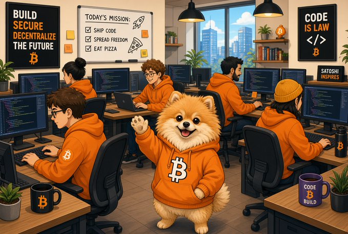 A cartoonish illustration of Bitcoin/crypto developers in an office, featuring an anthropomorphic dog wearing a Bitcoin hoodie waving at the viewer, surrounded by posters reading 'BUILD SECURE DECENTRALIZE THE FUTURE' and 'CODE IS LAW'.