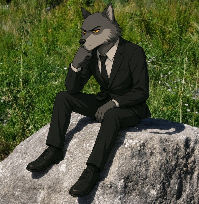 The image features a cartoon wolf dressed in a suit, sitting on a rock with his head resting on his hand. The wolf's attire includes a tie, which adds a touch of formality to his appearance. The background consists of grassy areas, providing a natural and relaxed setting for the scene. The caption "everyone is getting their X payouts today also me:": This phrase suggests that there might be an event or situation where everyone has received something, possibly related to the image's theme.