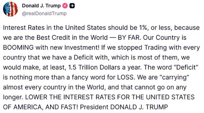 A screenshot of a Truth Social post by Donald J. Trump (@realDonaldTrump) demanding that U.S. interest rates be lowered to 1% or less, citing America's strong credit and claiming the country loses $1.5 trillion annually through trade deficits with most nations. The accompanying caption "You want low interest rates? Stop starting wars!" suggests the wars fueled by U.S. foreign policy drive up the national debt and risk premium, which forces the Federal Reserve to maintain higher interest rates rather than the 1% Trump is demanding.