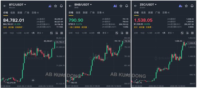 Three cryptocurrency trading screens displaying BTC/USDT at $84,782.01, BNB/USDT at $790.90, and ZEC/USDT at $1,538.05, all showing upward price trends on Binance with candlestick charts.