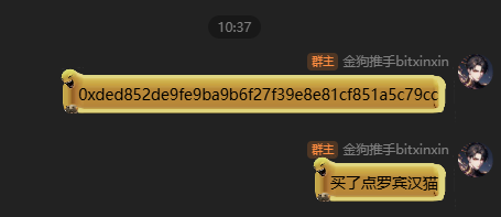A timestamped chat exchange from group owner "金狗推手bitxinxin" at 10:37 shows a user sharing the BSC contract address "0xded852de9fe9ba9b6f27f39e8e81cf851a5c79cc" followed by a message reading "买了点罗宾汉猫" (bought some Robin Cat), illustrating the celebratory trading sentiment described in the post.