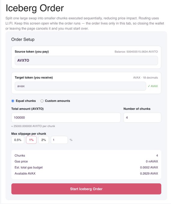 An Iceberg Order setup screen for trading AVXTO to AVAX on LI.FI, configured with 100000 total amount split into 4 equal chunks with 1% max slippage per chunk.