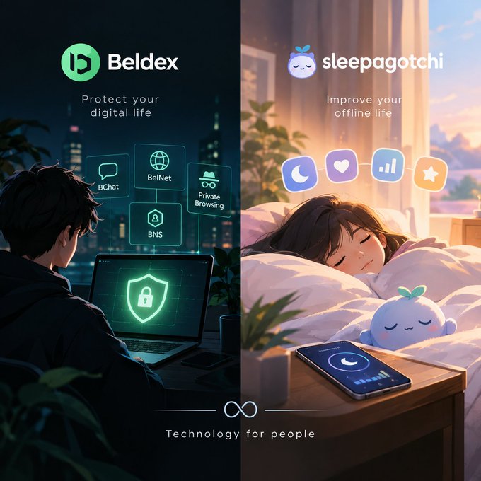 A promotional graphic split into two panels promoting "Beldex" ("Protect your digital life" with features like BChat, BelNet, BNS) on the left and "sleepagotchi" ("Improve your offline life") on the right, both unified by the tagline "Technology for people."