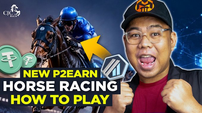 A YouTube thumbnail for a video titled 'NEW P2EARN HORSE RACING HOW TO PLAY', featuring a man in a black cap, a horse racing image, and logos for Tether and CJC Race.