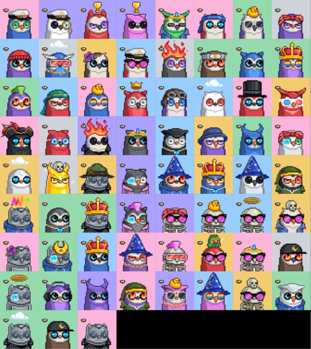 A grid of numerous colorful cartoon owl avatars with different outfits and accessories, appearing to be NFT collectibles.