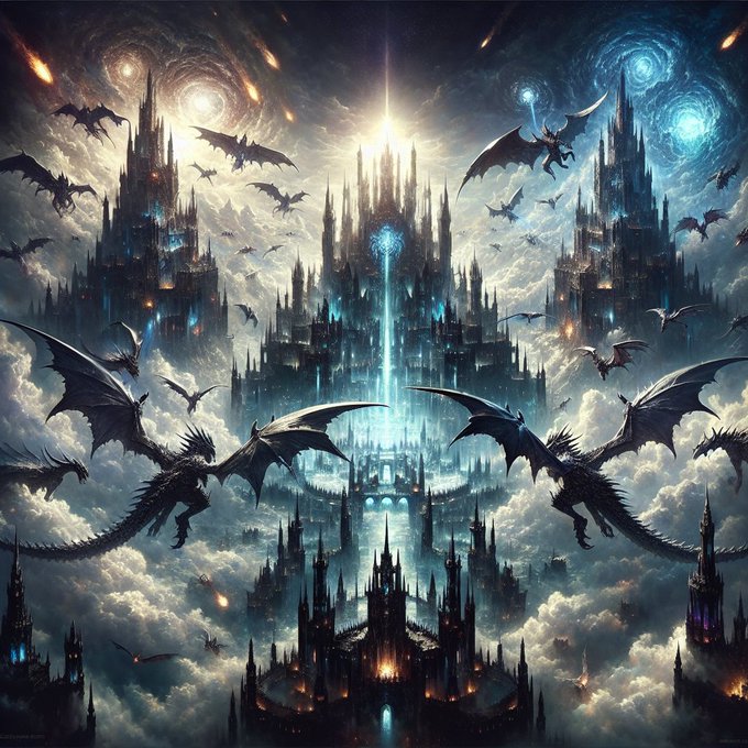 A fantasy digital artwork depicting a dark, gothic castle surrounded by flying dragons, swirling galaxies, and a glowing central energy beam.