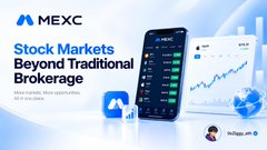 A promotional graphic for MEXC features a smartphone and laptop displaying trading charts with the text "Stock Markets Beyond Traditional Brokerage" and the user handle "trdngn_g."
