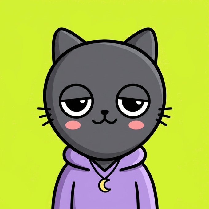 A cartoon gray cat character with sleepy eyes, pink cheeks, and a purple hoodie featuring a crescent moon necklace is shown against a bright green background, representing the Goobz NFT collection mascot in the mint announcement.