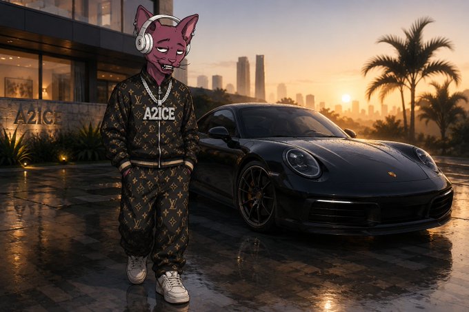 A digital artwork showing an anthropomorphic cat character with a head wearing a Louis Vuitton monogram tracksuit and headphones, standing in front of a black Porsche sports car at a luxury villa during sunset.