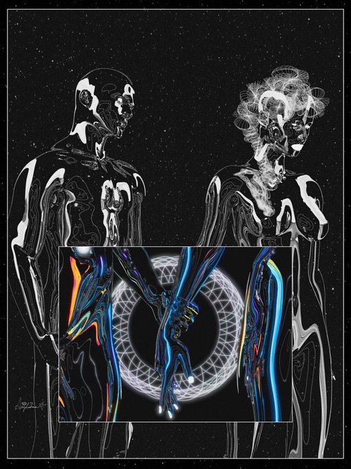 A surreal black and white digital artwork of two glossy humanoid figures against a starry background, with a central rectangular inset showing colorful, liquid-like figures holding hands in front of a glowing ring.