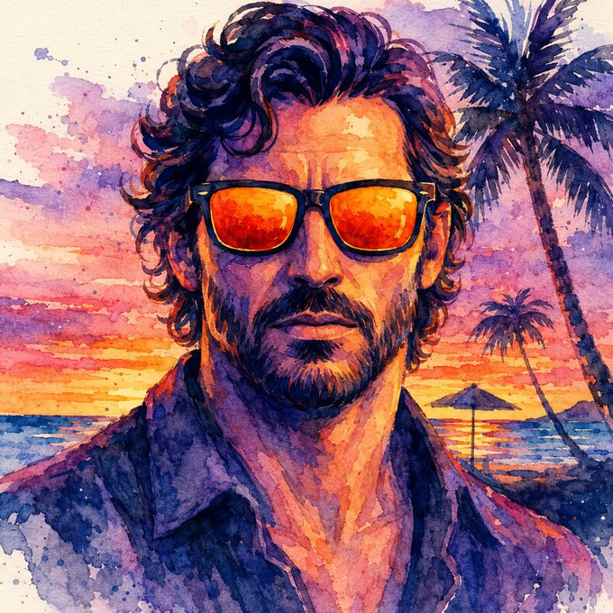 Watercolor-style digital painting of a bearded man with curly hair wearing orange-tinted sunglasses and an unbuttoned dark shirt, set against a vibrant sunset beach scene with palm trees and an ocean horizon.
