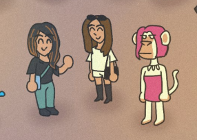 Three cartoon-style character figurines on a carpet: a figure with long hair in a black shirt, a figure in a white outfit with boots, and a pink monkey character.