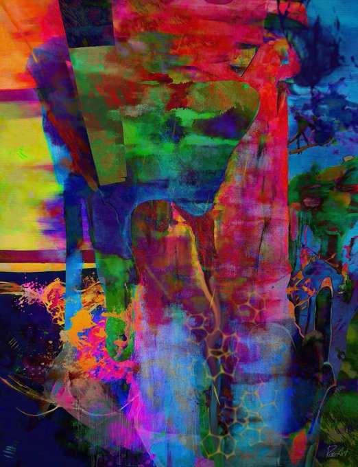 A vibrant, abstract digital artwork featuring colorful splashes of green, pink, blue, and yellow with geometric patterns.