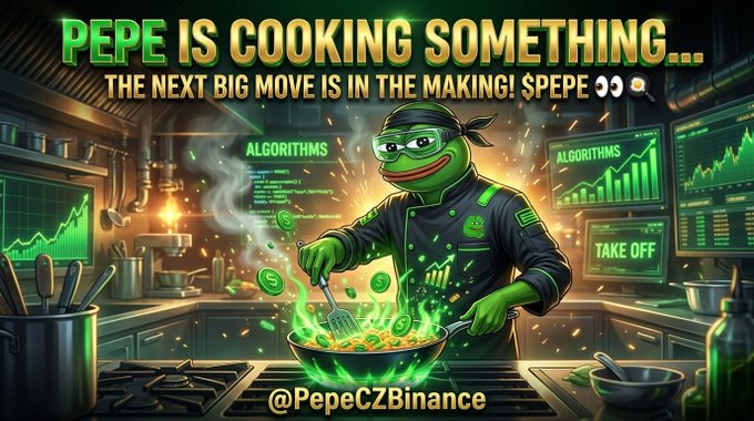 A promotional graphic features Pepe the Frog dressed as a chef cooking in a pan with the text 'PEPE IS COOKING SOMETHING... THE NEXT BIG MOVE IS IN THE MAKING! $PEPE' and '@PepeCZBinance' displayed at the bottom.
