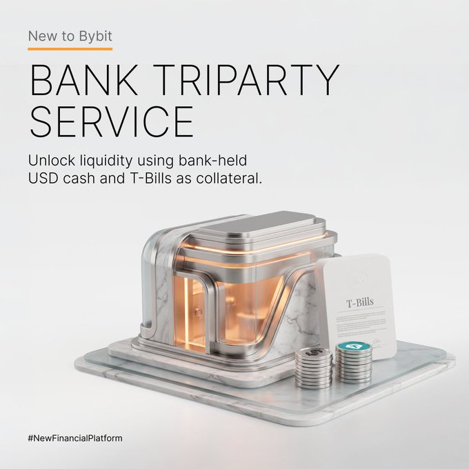Promotional graphic for Bybit's new 'Bank Triparty Service' that unlocks liquidity using bank-held USD cash and T-Bills as collateral, featuring a marble and gold vault illustration.