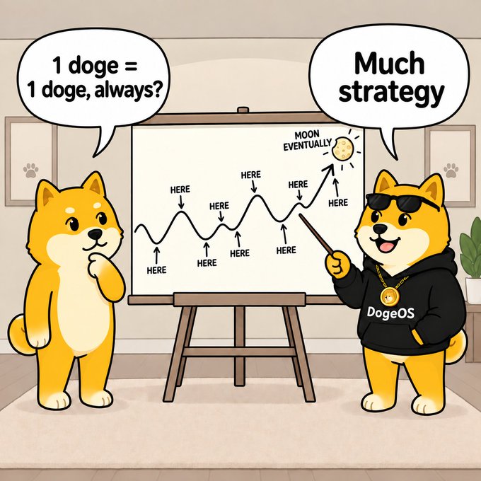 Two cartoon Shiba Inu dogs discuss cryptocurrency strategy in front of a chart showing market fluctuations labeled "HERE" at multiple points, with "MOON EVENTUALLY" marked at the peak; one confused dog asks "1 doge = 1 doge, always?" while the other, wearing sunglasses and a "DogeOS" hoodie, confidently declares "Much strategy." The image humorously reinforces the post by showing that despite the volatile market ups and downs, Doge remains constant at "1 doge."