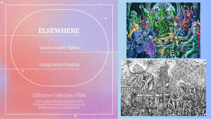The image features a poster with two different artworks displayed side by side, one being a black and white illustration of a group of people and the other a colorful painting depicting a dragon. The poster also includes text that reads "Collective Collection Object" and "Where reality fades imagination begins".