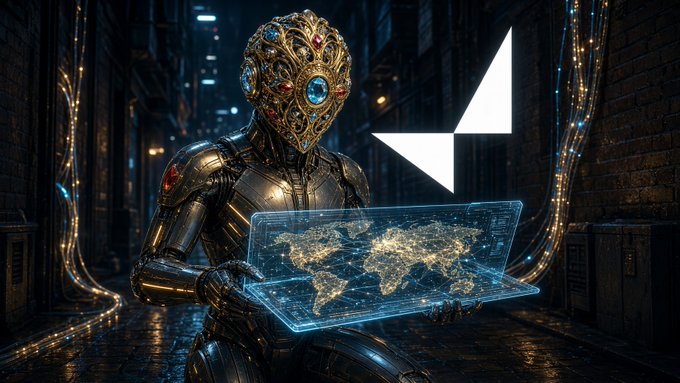 An AI-generated image of an ornate gold and bronze robotic figure holding a glowing holographic world map, accompanied by a white geometric logo on a dark cyberpunk city street.