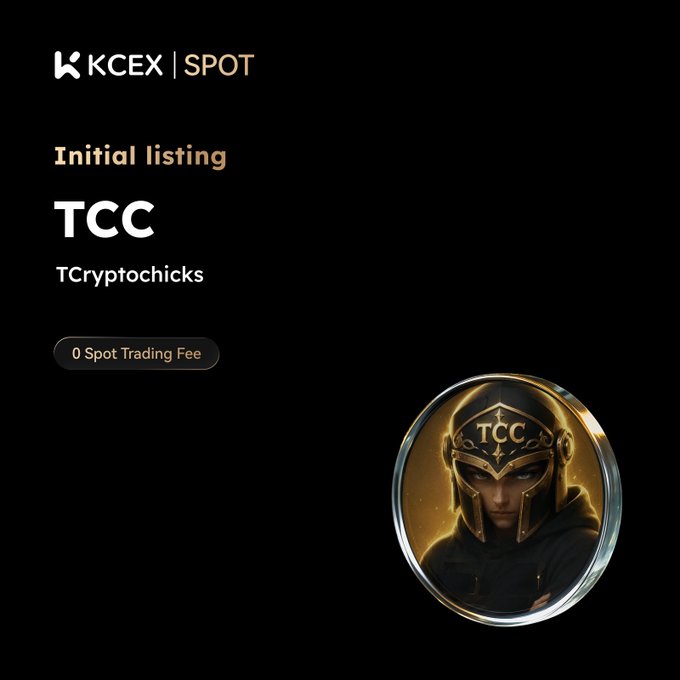 A KCEX Spot trading platform announcement for the initial listing of TCC (TCryptochicks) with 0 Spot Trading Fee, featuring a coin image showing a hooded armored figure with 'TCC' emblazoned on the helmet.