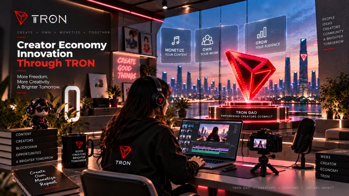 TRON cryptocurrency promotional graphic featuring 'Greater Economy Innovation Through TRON' text, showing a person at a content creation desk with neon city backdrop and TRON DAO branding.