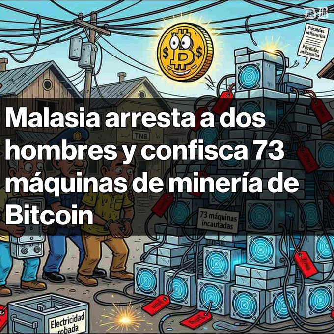 A Spanish-language illustration with the headline 'Malasia arresta a dos hombres y confisca 73 máquinas de minería de Bitcoin', depicting police and confiscated mining equipment.