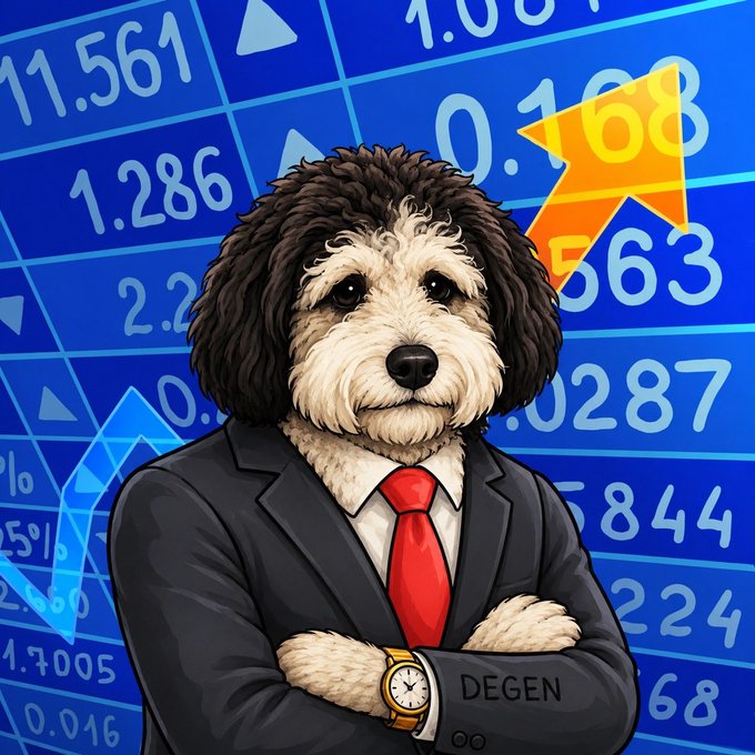 An illustrated dog in a suit and red tie with crossed arms, wearing a watch and "DEGEN" wristband, stands confidently in front of a blue stock ticker background showing numbers like "11.561," "1.286," and "0.168" alongside a yellow upward arrow—capturing the bullish, risk-taking spirit of someone loading up on $ALFIE and $MARIAN dips for the long term.