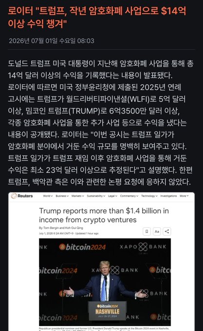 Korean news article with headline about Trump and crypto earnings exceeding $1.4 billion, featuring a Reuters screenshot of Trump at Bitcoin 2024 Nashville.