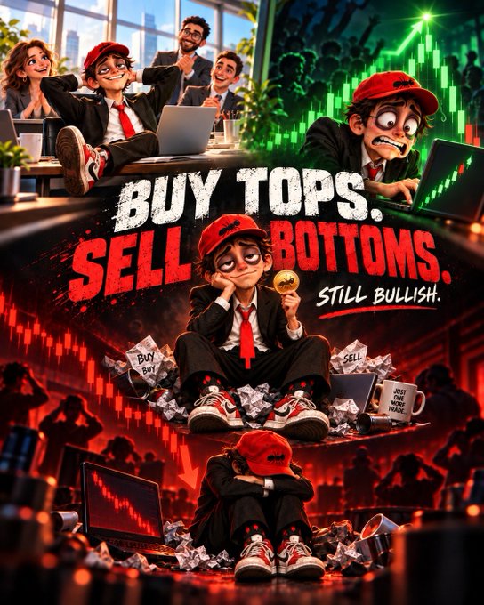 A cartoon retail trader in a red cap and suit appears in multiple stages—from buying the top while relaxed, to selling the bottom in panic, sitting dejected among crumpled "BUY" and "SELL" papers, and finally curled up defeated beside a red downward chart. Bold text reads **"BUY TOPS. SELL BOTTOMS. STILL BULLISH."** The image humorously visualizes the post's description of the classic "ANT" trader's cycle of poor decisions, averaging down, getting liquidated, and remaining irrationally optimistic.