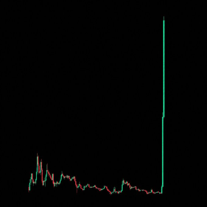A dark-themed candlestick chart displays extended price action with relatively flat, low-volume trading for most of the timeframe, followed by a sudden massive vertical spike at the far right. The dramatic green candle shooting upward visually embodies the speculative promise of finding a memecoin capable of delivering a 1,000x return, illustrating the rarity of such parabolic moves in trading history.