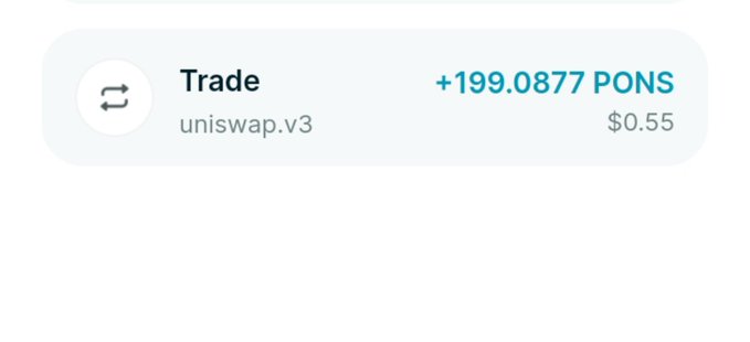 A digital screenshot showing a crypto transaction with the text 'Trade', 'uniswap.v3', '+199.0877 PONS', and '$0.55'.