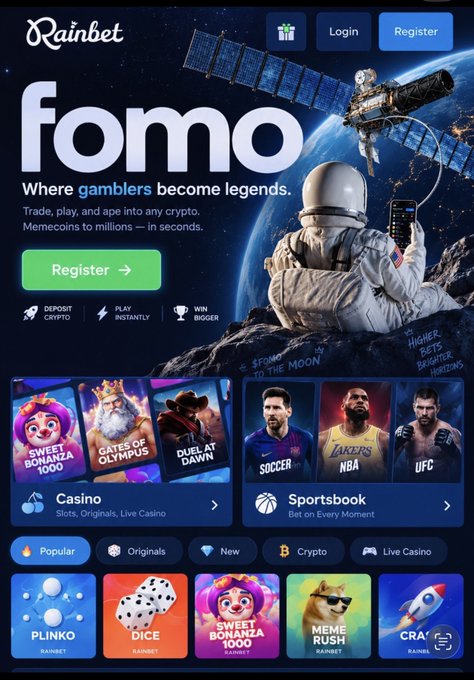The image is a promotional screenshot for "Rainbet," a crypto gambling platform featuring a space-themed "FOMO" headline alongside categories like Casino, Sportsbook, and crypto games such as Plinko, Dice, and Meme Rush. The accompanying post's caption relates to the image by critiquing how "social trading" has removed the scarcity and friction that once made crypto valuable, echoing the "FOMO" marketing tactic used by platforms like Rainbet to attract gamblers chasing instant access to memecoins and speculative bets.