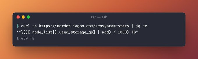 A terminal window displaying a curl command querying mordor.iagon.com/ecosystem-stats, returning a result of 1.659 TB of used node storage.