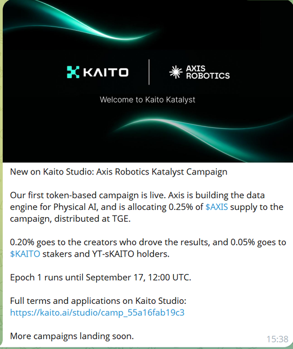 Announcement for 'Kaito Katalyst' featuring Kaito and Axis Robotics, noting that 'Axis is building the data engine for Physical AI, and is allocating 0.25% of $AXIS supply to the campaign' with Epoch 1 running until September 17, 12:00 UTC.