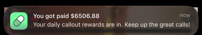 A notification from the pump fun app shows the user received a $6,506.88 daily payout for their callout rewards, matching the post's celebration of earning 6.5k from yesterday's hype-based callouts on the platform.