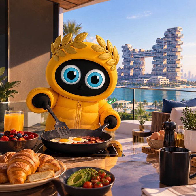 A cartoon-style mascot character wearing a yellow hoodie with a laurel wreath cooks eggs and bacon at an outdoor table, with a marina and modern buildings in the background.