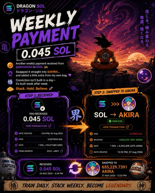 A Dragon Sol promotional graphic titled "WEEKLY PAYMENT 0.045 SOL" with a Dragon Ball Z theme, showing a transaction received and swapped to the AKIRA token.