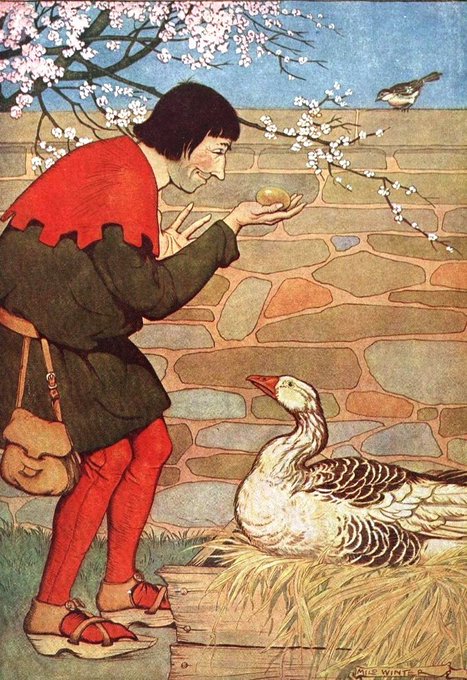A vintage illustration depicts a man in red and dark medieval attire holding out an apple to a goose, set against a stone wall with cherry blossoms.