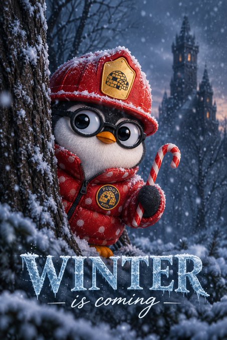 An animated penguin character dressed as a firefighter in a red 'PUDDY' uniform holds a candy cane in a snowy forest with a castle in the background, with text reading 'WINTER is coming'.