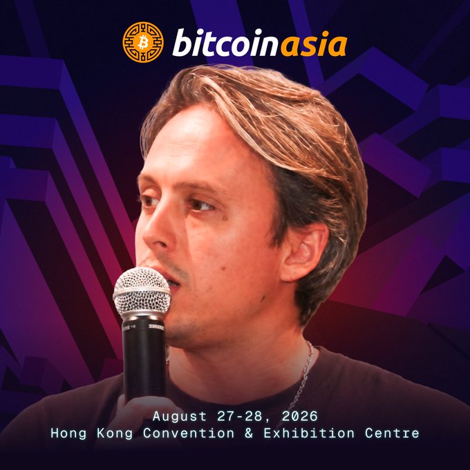 A promotional image for 'bitcoin asia' featuring a man speaking into a microphone, with event details 'August 27-28, 2026, Hong Kong Convention & Exhibition Centre'.